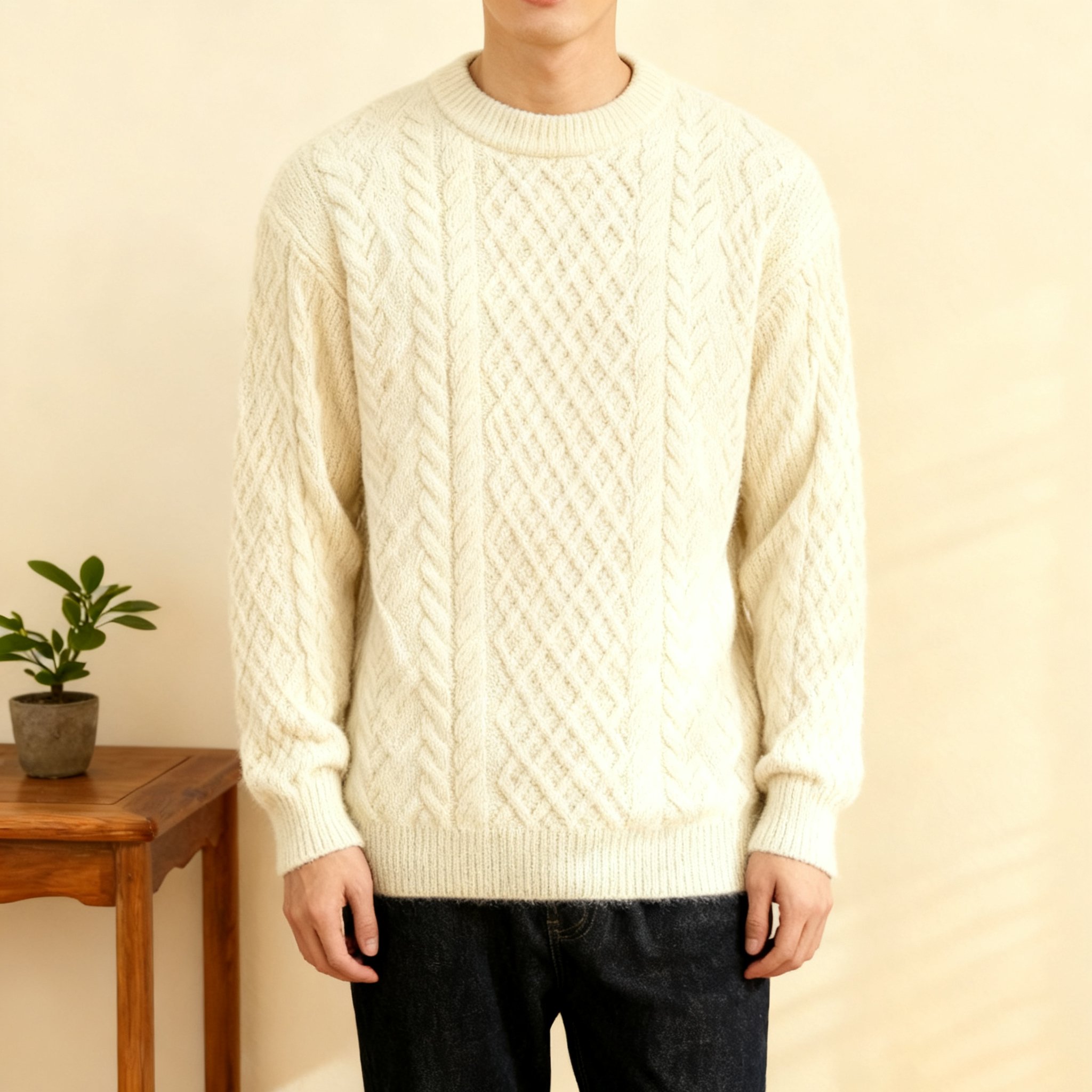 남성 라운드넥 꽈배기 니트