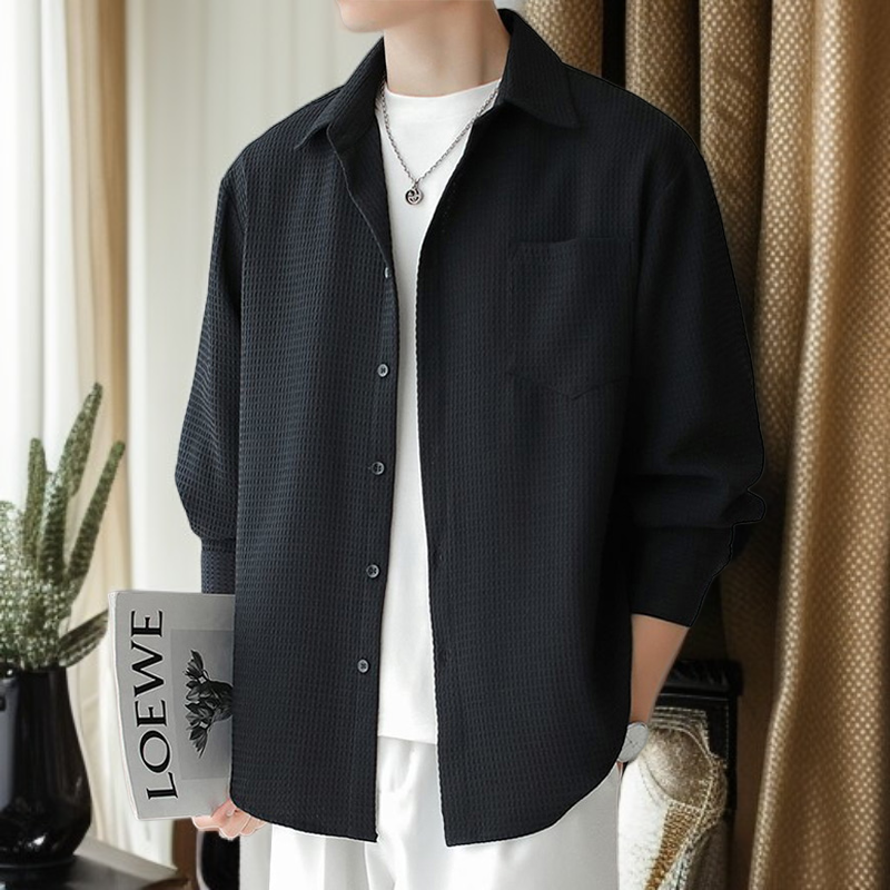 メンズ長袖ワッフルルーズフィットシャツ