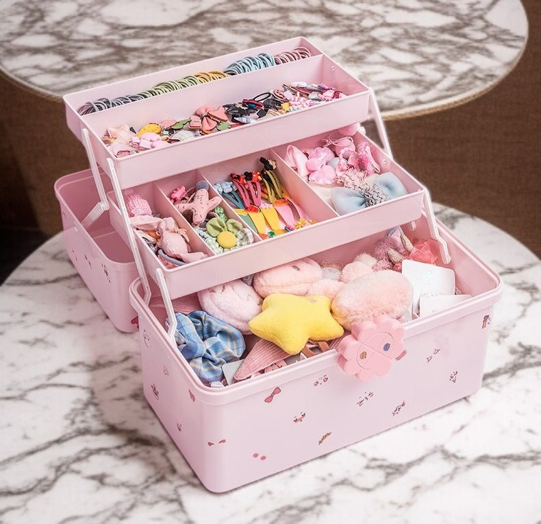 Pink multi-layer hair accessory storage box front view