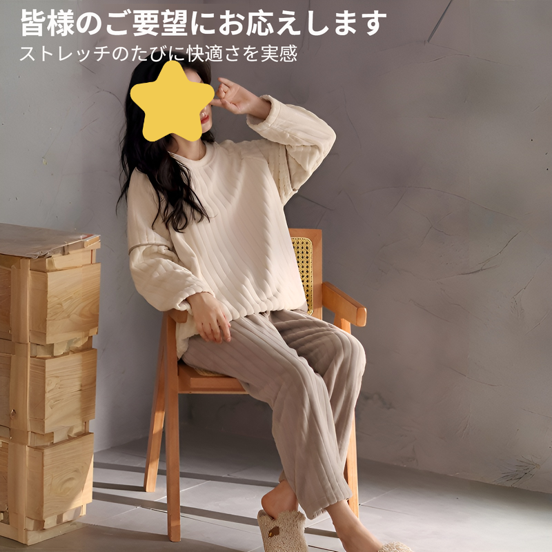 R-パジャマ レディース 冬用 コーラルフリース ラウンドネック プルオーバー プラス ベルベット 厚手 防寒 暖かい フランネル ホームウェア スーツ 秋冬