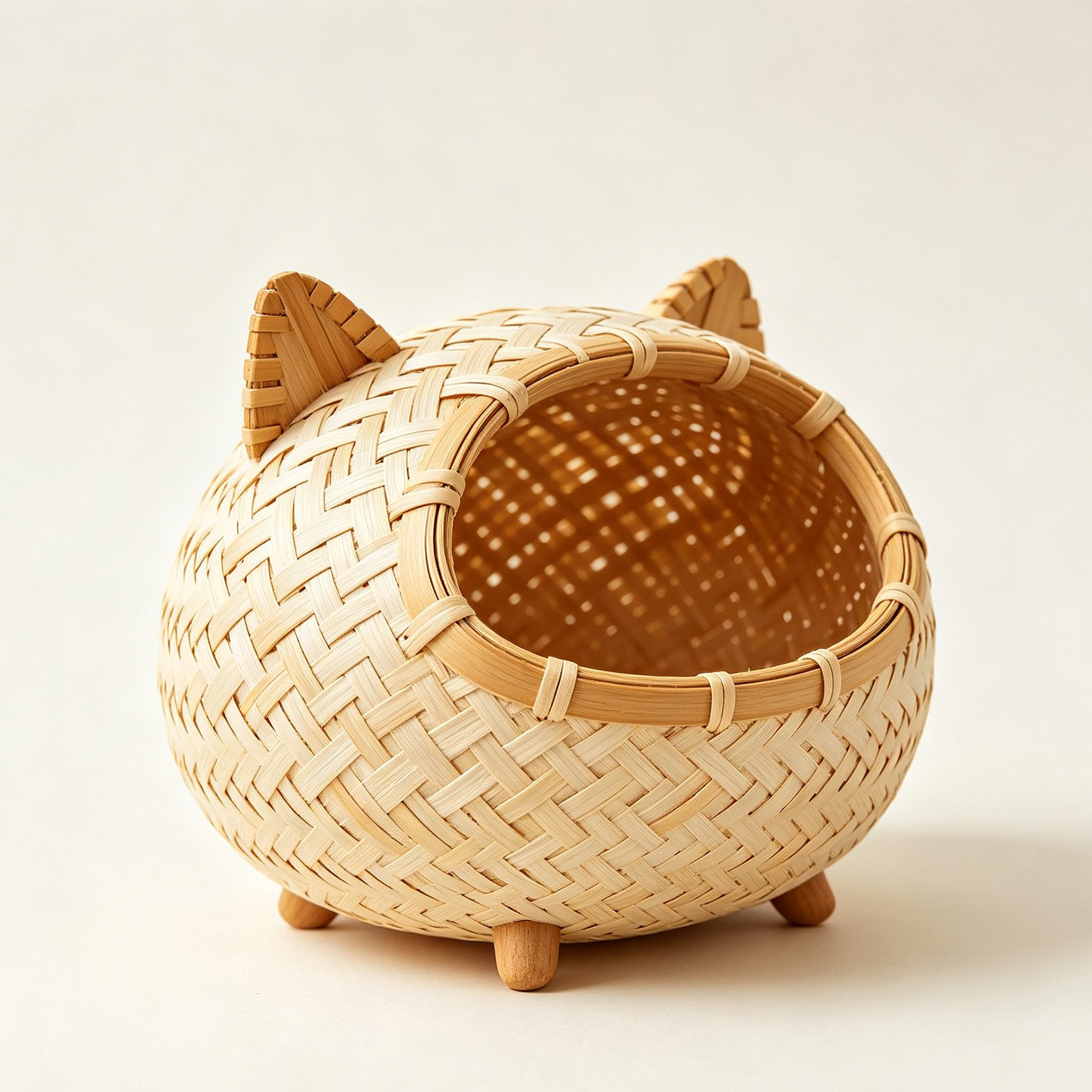 猫耳型竹製編み込み収納バスケットの全体画像