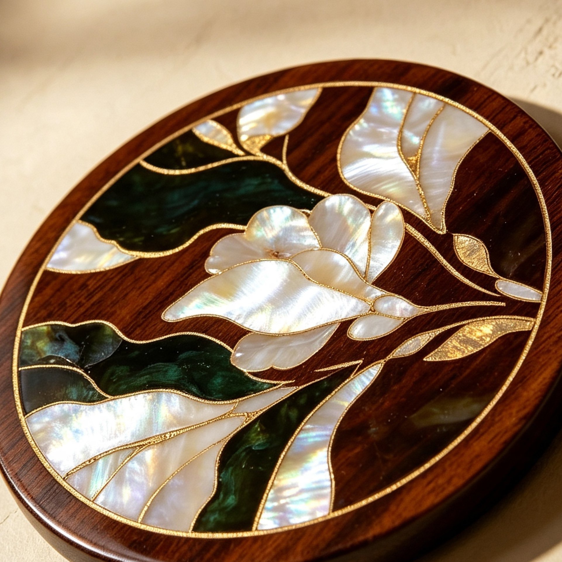 Handcrafted wooden drink coasters with mother-of-pearl inlay