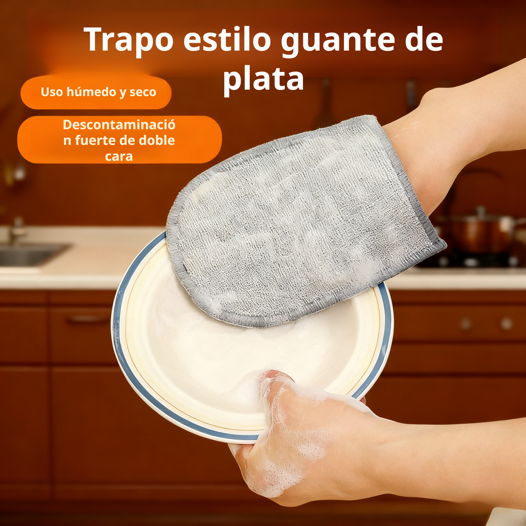 Guante de limpieza de doble cara con hilo plateado, no absorbe aceite