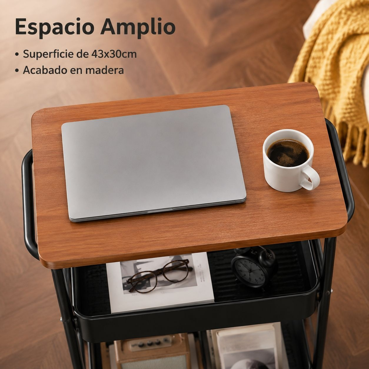 Carrito auxiliar móvil de dos niveles con mesa superior
