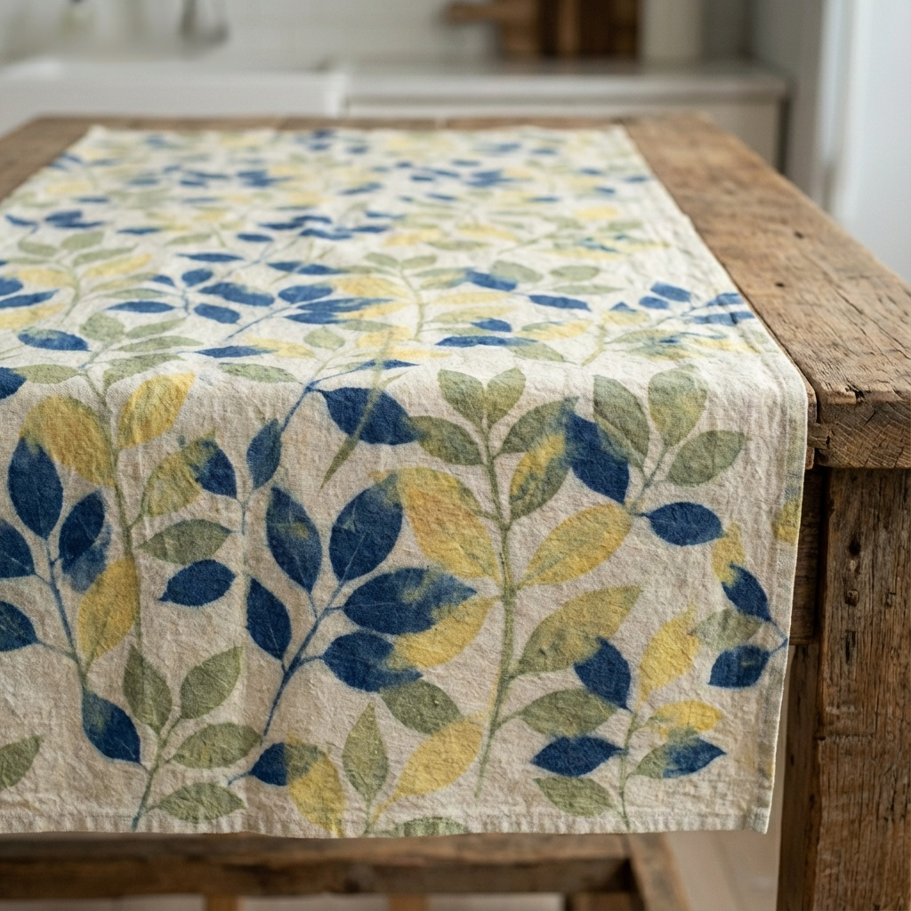 Chemin de table en lin et coton imprimé aquarelle