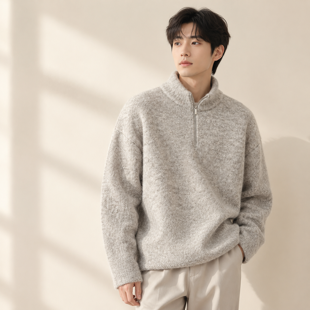 일본식 레트로 반집업 하이넥 니트 가을겨울