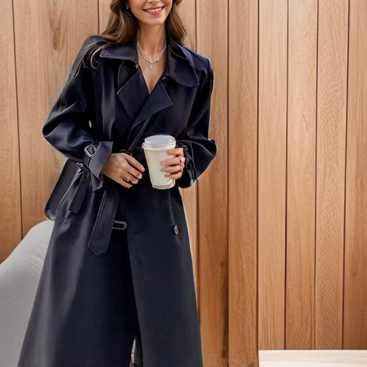 여성 가을 가볍고 럭셔리한 주름 롱 트렌치코트 영원한 무릎에 무릎까지 오는 무릎 트렌치코트 날씬해 보이는 하프 트렌치코트