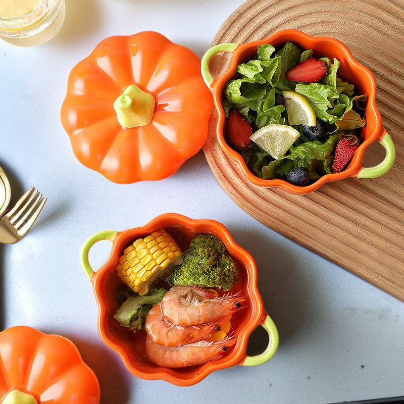 Calabaza con tapa y dos asas, cuenco de cerámica para sopa y arroz, color bajo vidriado