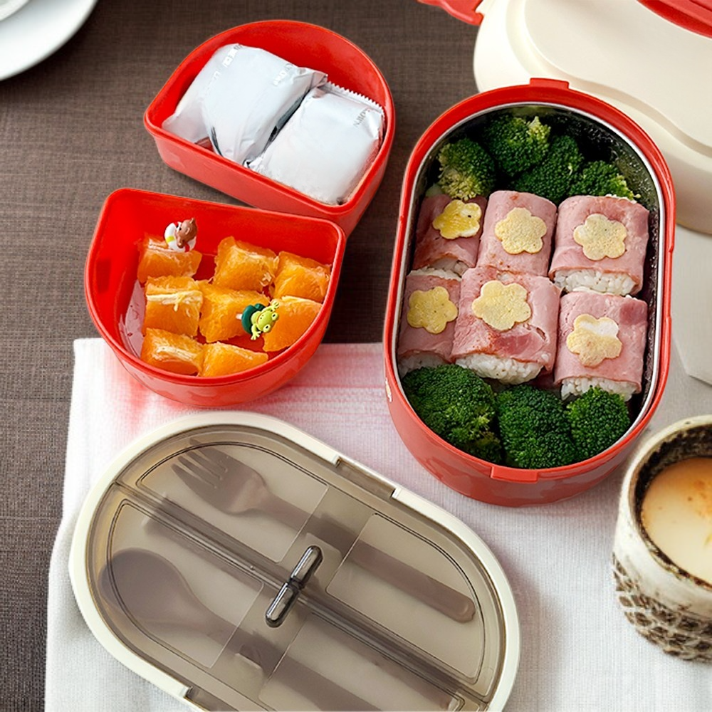  Fiambrera de acero inoxidable de dos pisos estilo pastel adorable con cubiertos