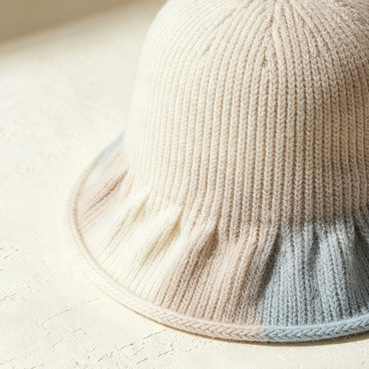 Model wearing a stylish gradient knitted fisherman’s hat