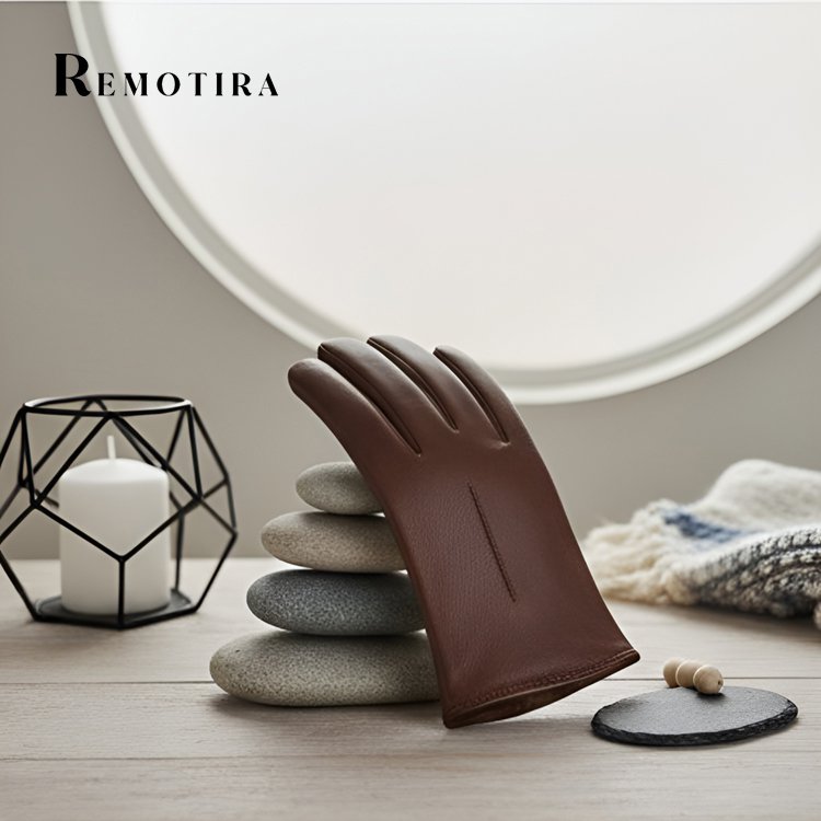 천연 가죽 소재의 브라운 장갑 디테일