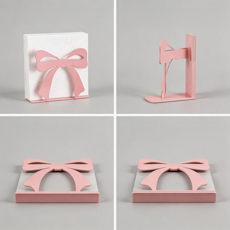 Pink Bow Metal Napkin Holder, Tabletop Decorative Tissue Dispenser for Parties and Kitchen