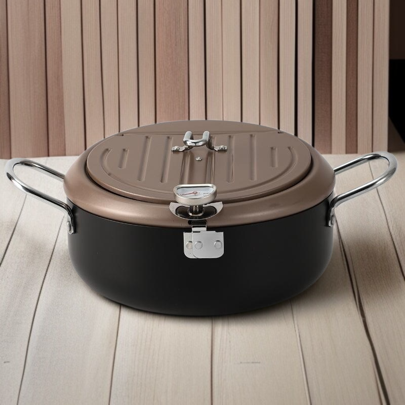 Japanese Iron Deep Fryer with Thermometer, Tempura Saver, Flip Cover Design