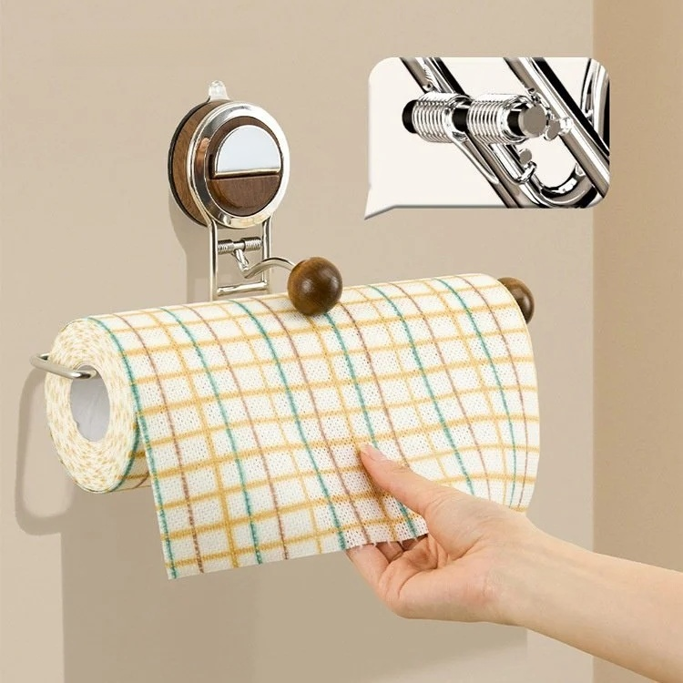 Detalle del rollo de trapo con ventosa y estante de almacenamiento