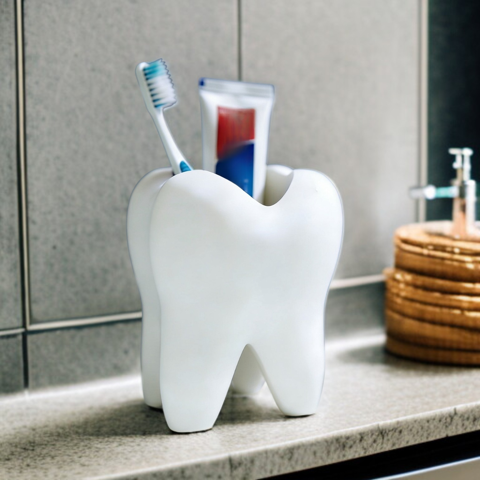 Wydrukowany w 3D uchwyt na szczoteczkę do zębów w kształcie zęba, biały