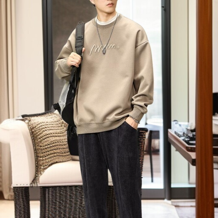 남자 오버사이즈 라운드 톱 자수 빈티지 맨투맨 상의 박시 라운드 빈티지 맨투맨