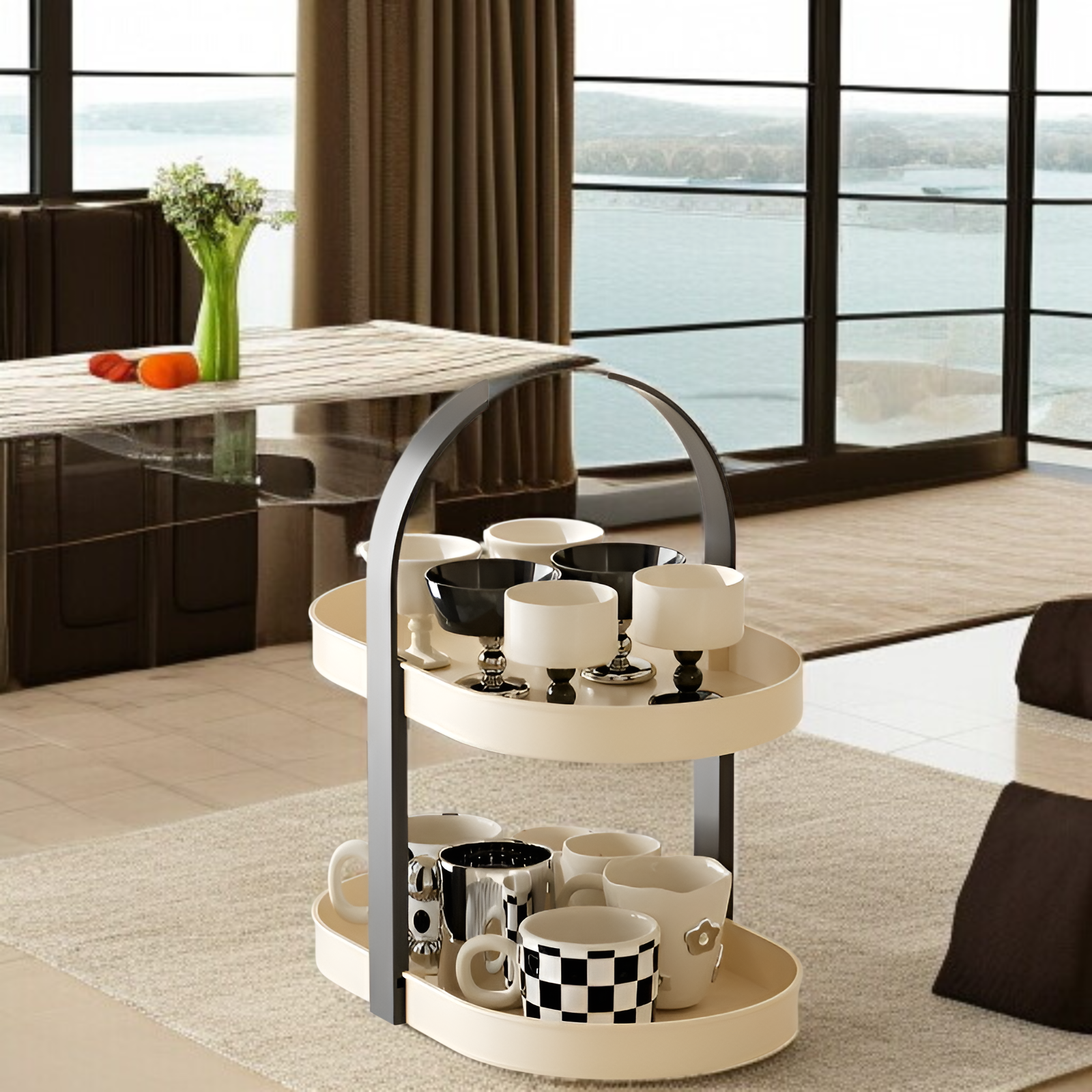 ティーカップマグコーヒーカップデスクトップティーテーブルカップホルダー防塵軽量高級シンプル多層パンチフリーフロア収納ラック