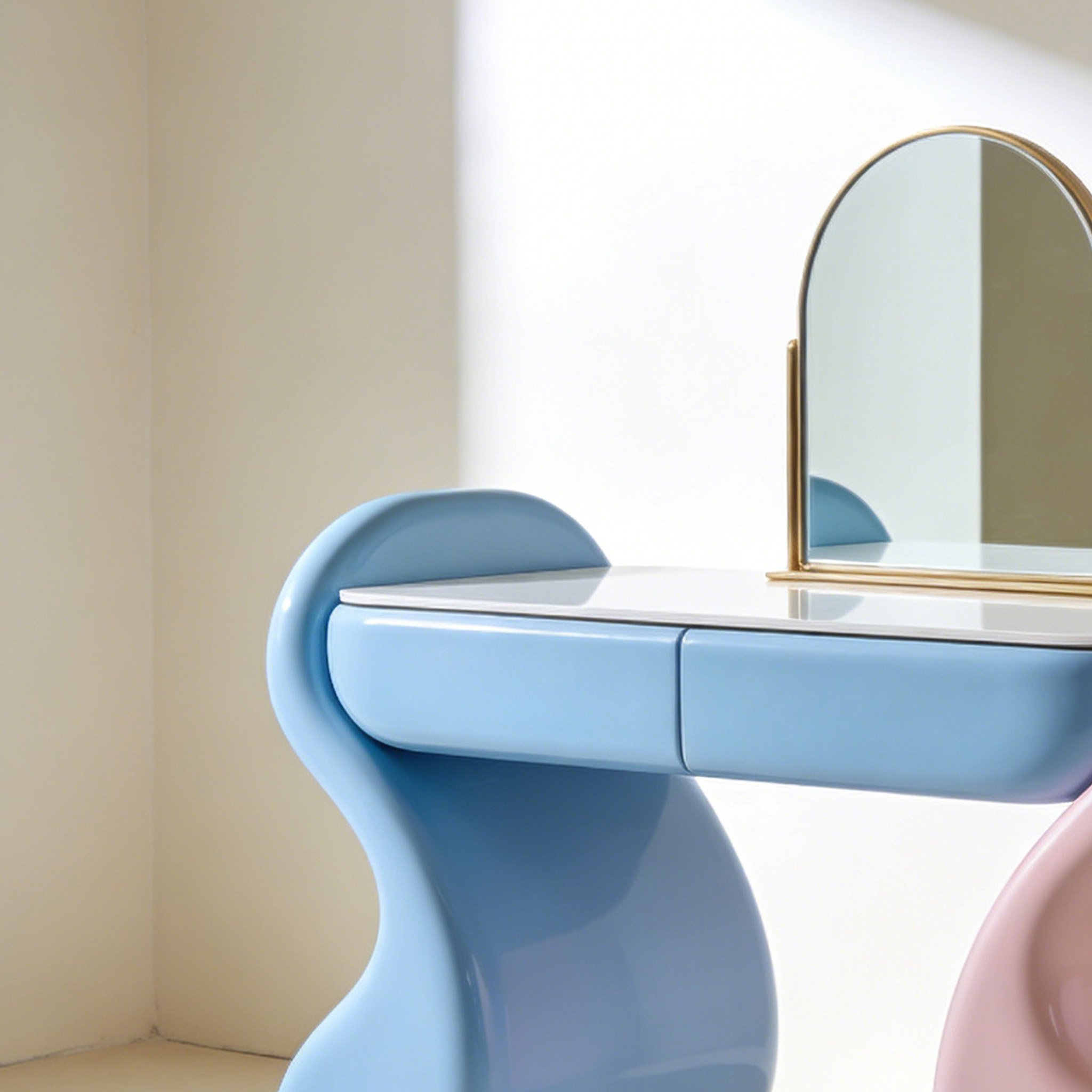 넓은 거울과 다양한 수납 공간이 있는 화장대