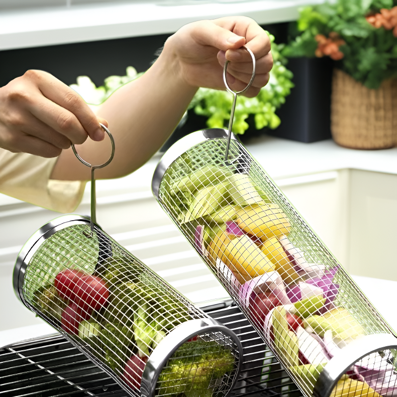 Barbecue extérieur en acier inoxydable, grille ronde rotative à rouleaux