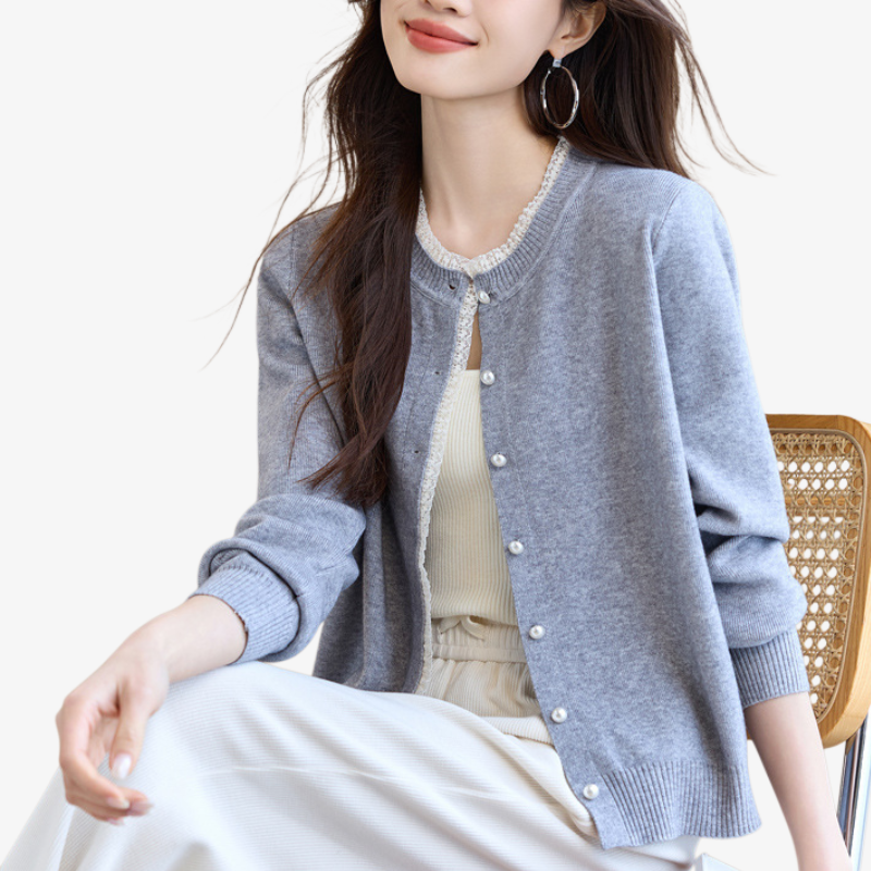 여성 그레이 니트 가디건 아우터 무드 상의 레이스 긴팔 니트