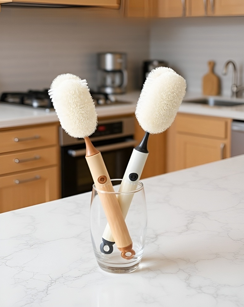 Detalle de las cerdas suaves del cepillo de limpieza para tazas