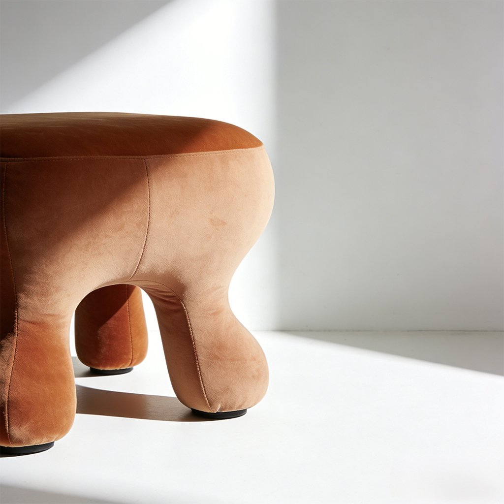 Modern living room featuring fabric ottoman as coffee table