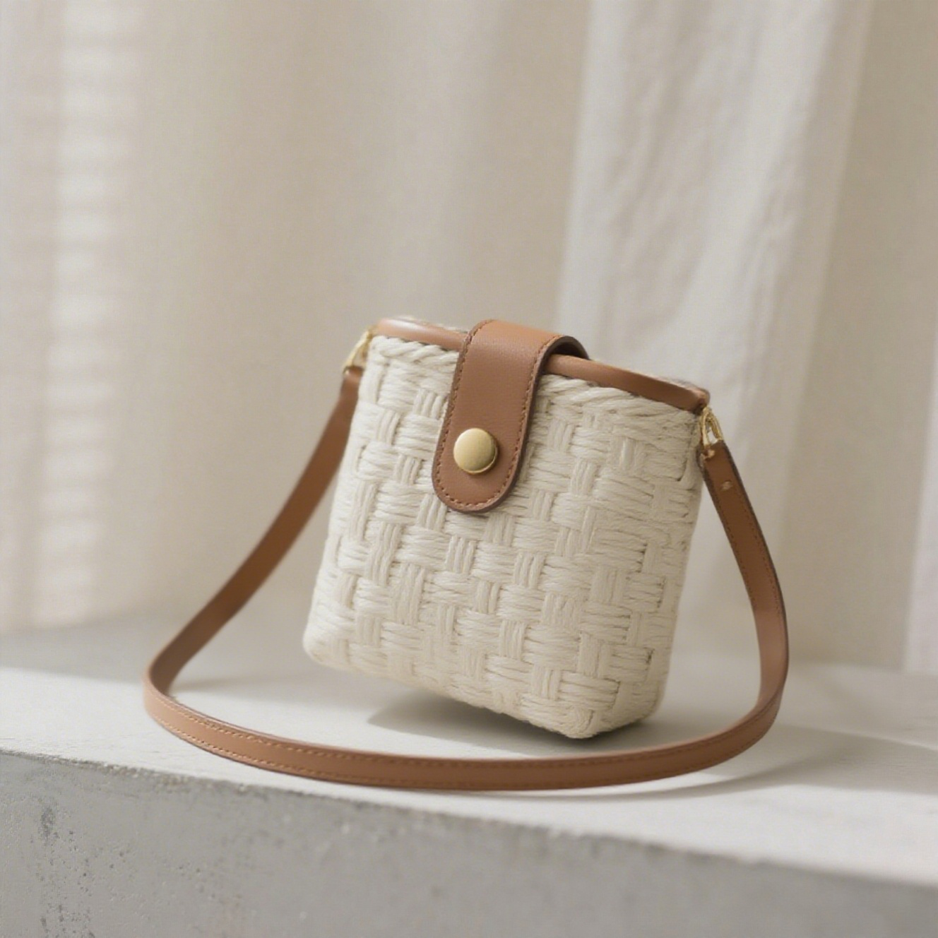 Bolso de hombro pequeño retro tejido a mano sobre fondo blanco