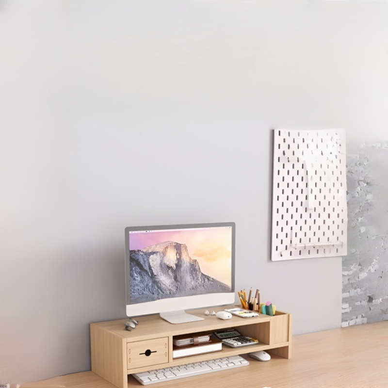 Ergonomic wooden monitor riser with drawer on desk