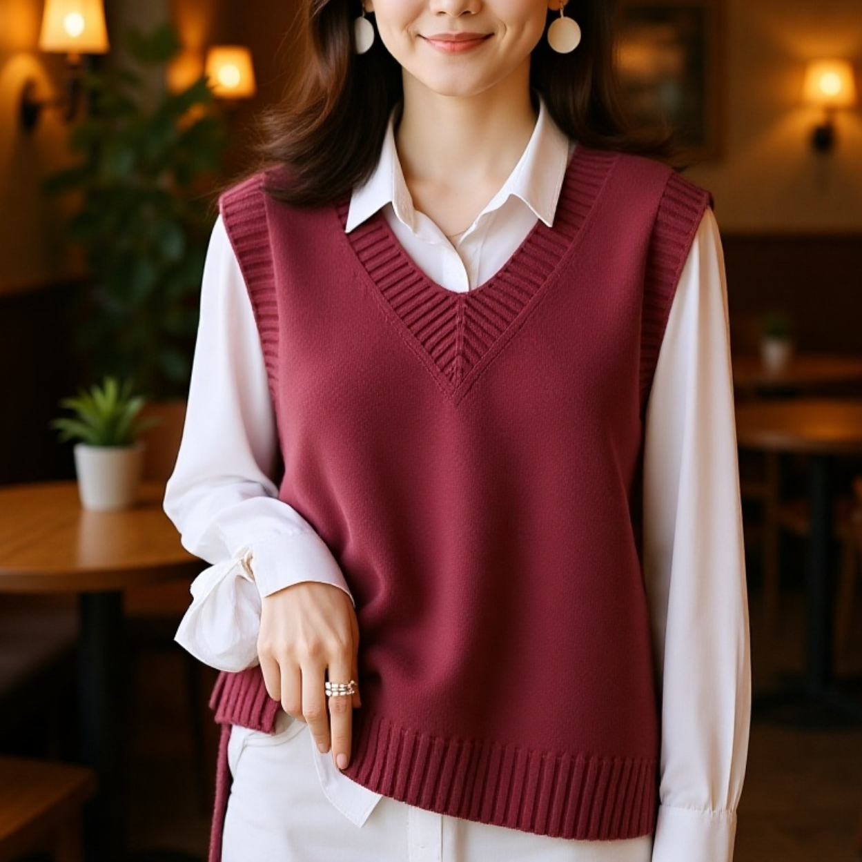 おしゃれレイヤードVネックノースリーブセーター ベスト レディース
