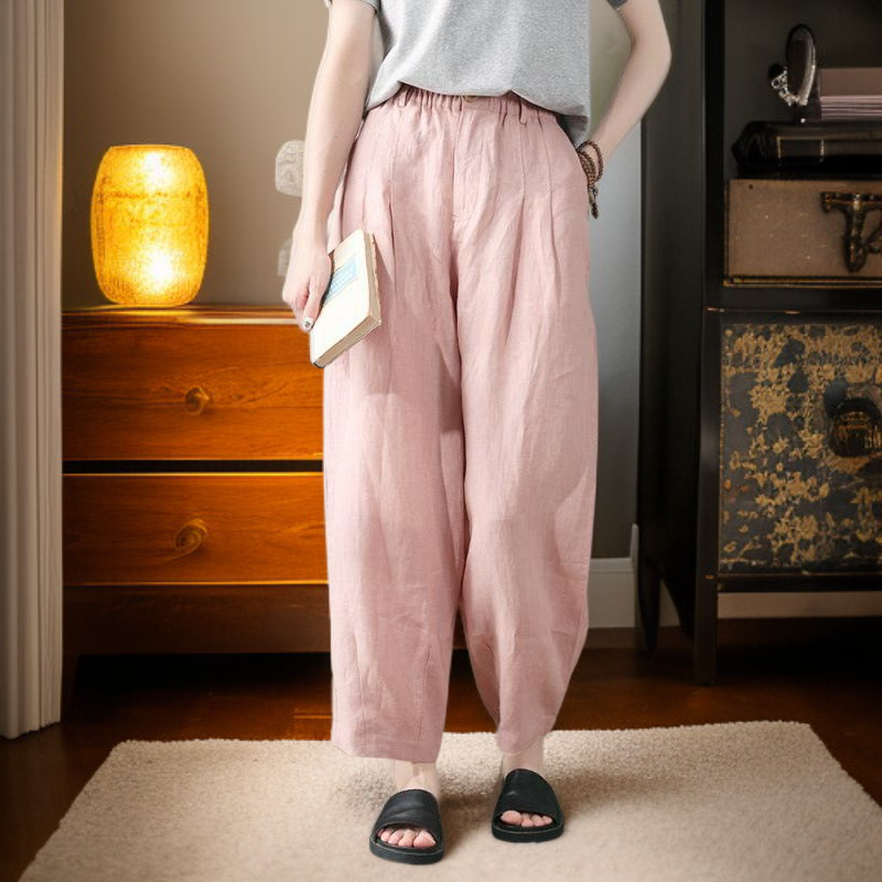 핀턱 린넨 빈티지 와이드 슬림핏 핑크 캐주얼 바지 여 여름 얇은 면 마 하이웨스트 와이드 9부 바지