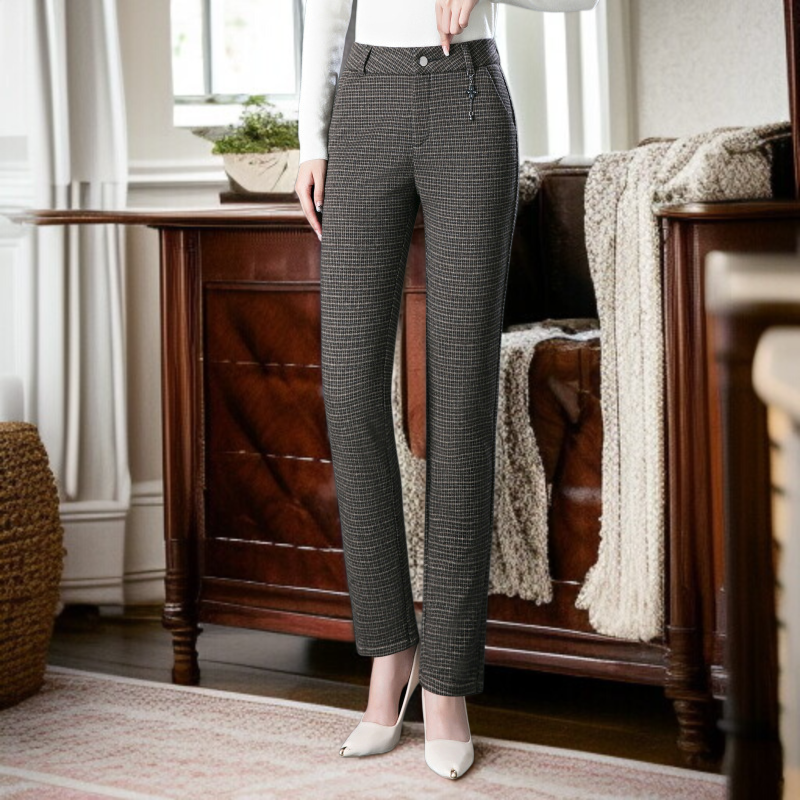 高弾性チェック柄冬厚手パンツ ハイウエストルーズストレートパンツ 繊維高弾性パンツ