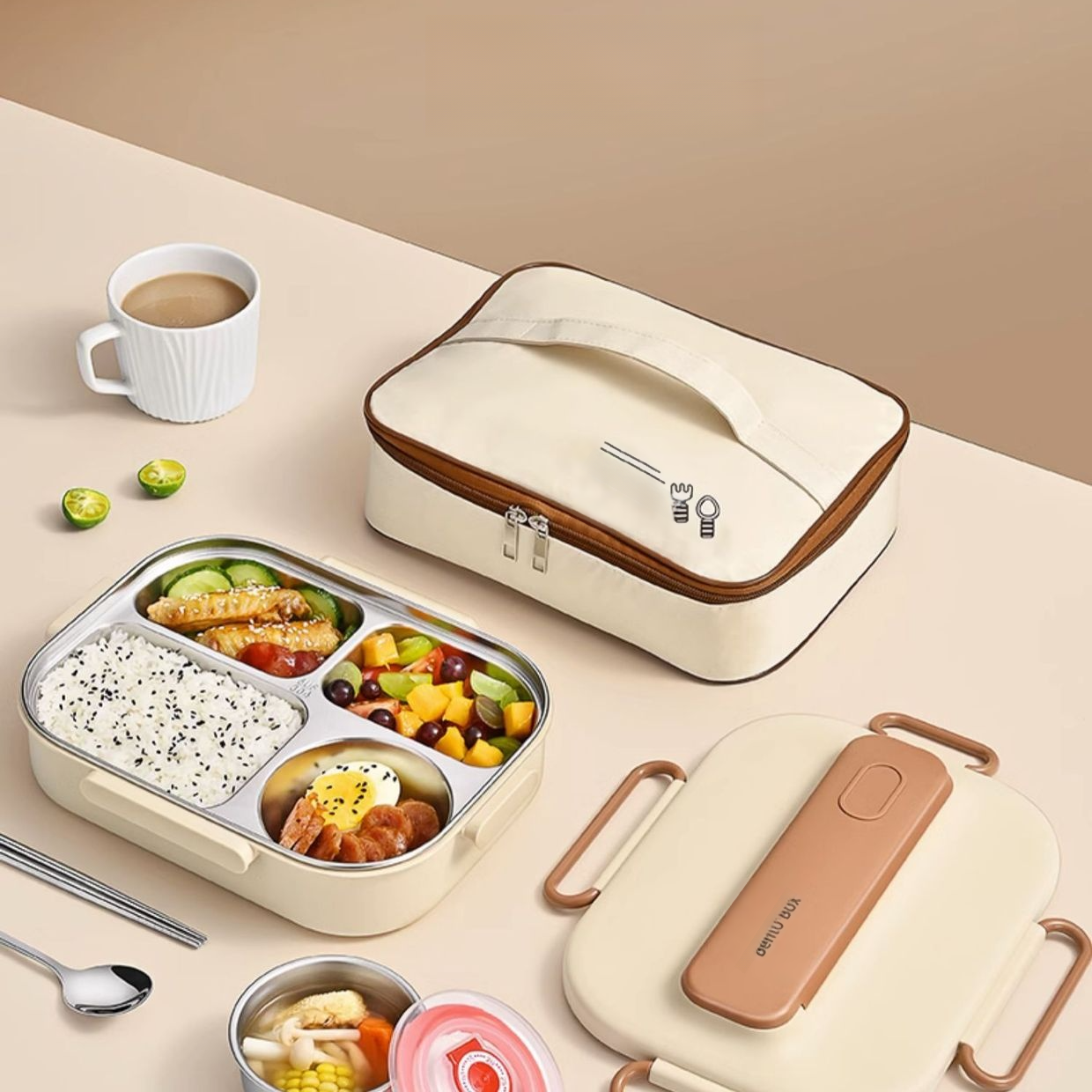 Isolierte Edelstahl-Lunchbox für Schüler auf einem Tisch