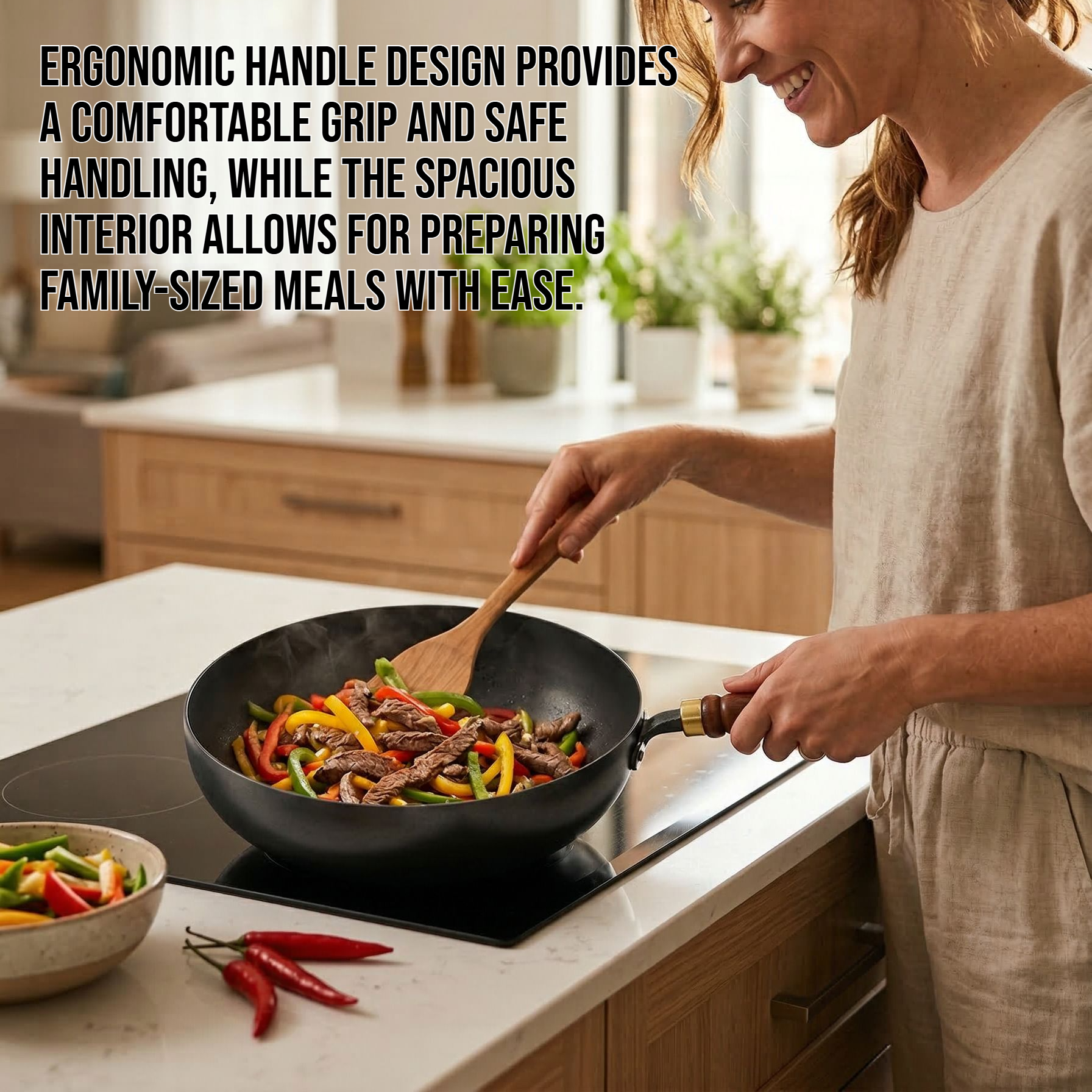 Traditional non-stick cast iron wok with ergonomic handle