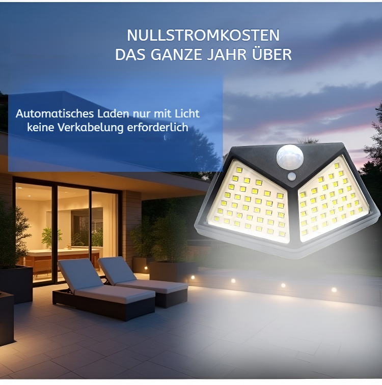 Vierseitige Solar-Wandleuchte mit Bewegungssensor an Hauswand montiert
