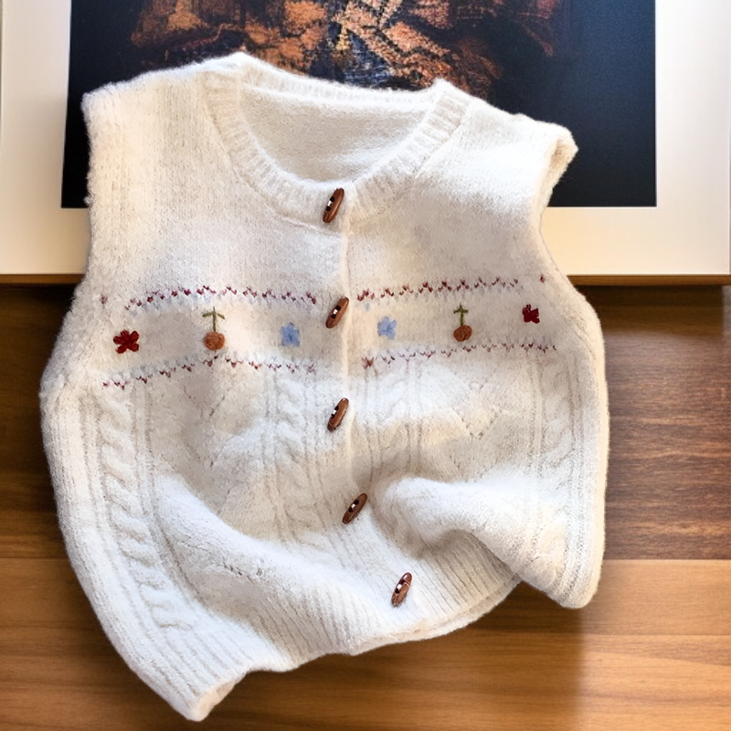 レトロなニットベスト、ハンドメイドの花柄セーター、ラウンドネック、重ね着、スイートなジャカードベスト、多用途でトレンディ。