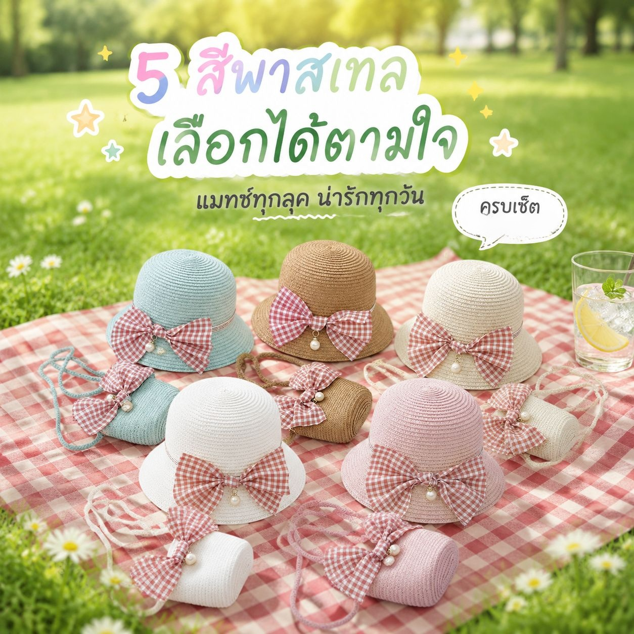 ชุดหมวกฟางเจ้าหญิงเด็กผู้หญิงพร้อมกระเป๋า หมวกกันแดดสำหรับหน้าร้อน