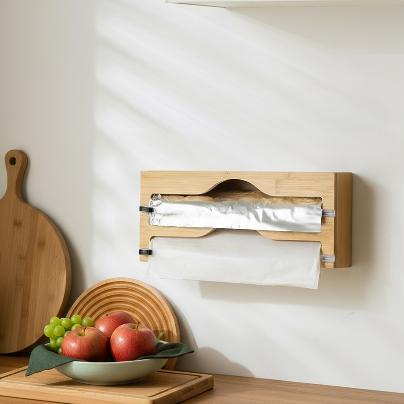 廚房多格保鮮膜分割器竹製收納盒