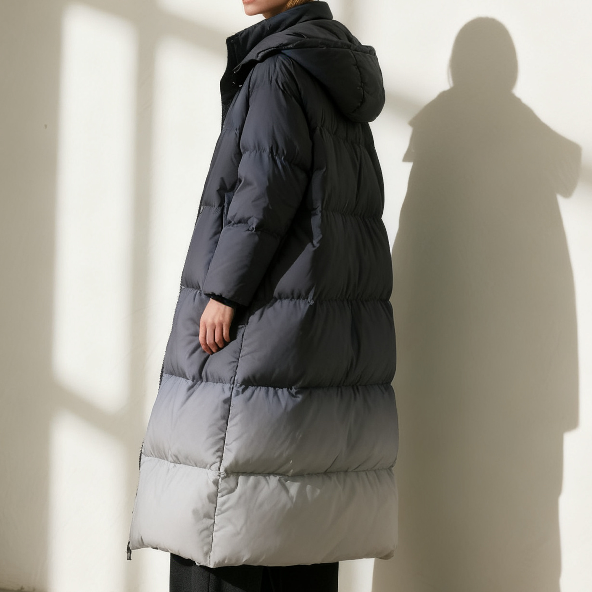 여성 롱 기장 그라데이션 다운 자켓 전체 이미지