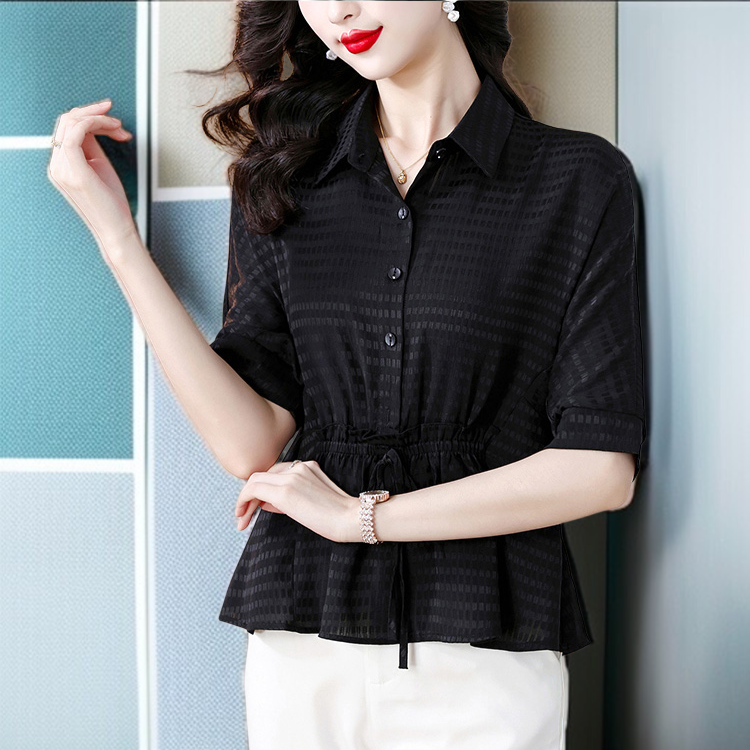 디자인 5부 소매 실크 셔츠 여름 상의 여 루즈핏 여성 캐주얼 얇은 티셔츠 돌넥 조거 실크 셔츠