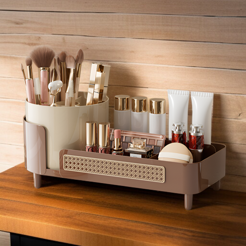 化粧品収納ボックス、ハイエンドデスクトップ、回転可能なグリッドペンホルダー、ドレッシングテーブル、大容量、多機能メイクボックス