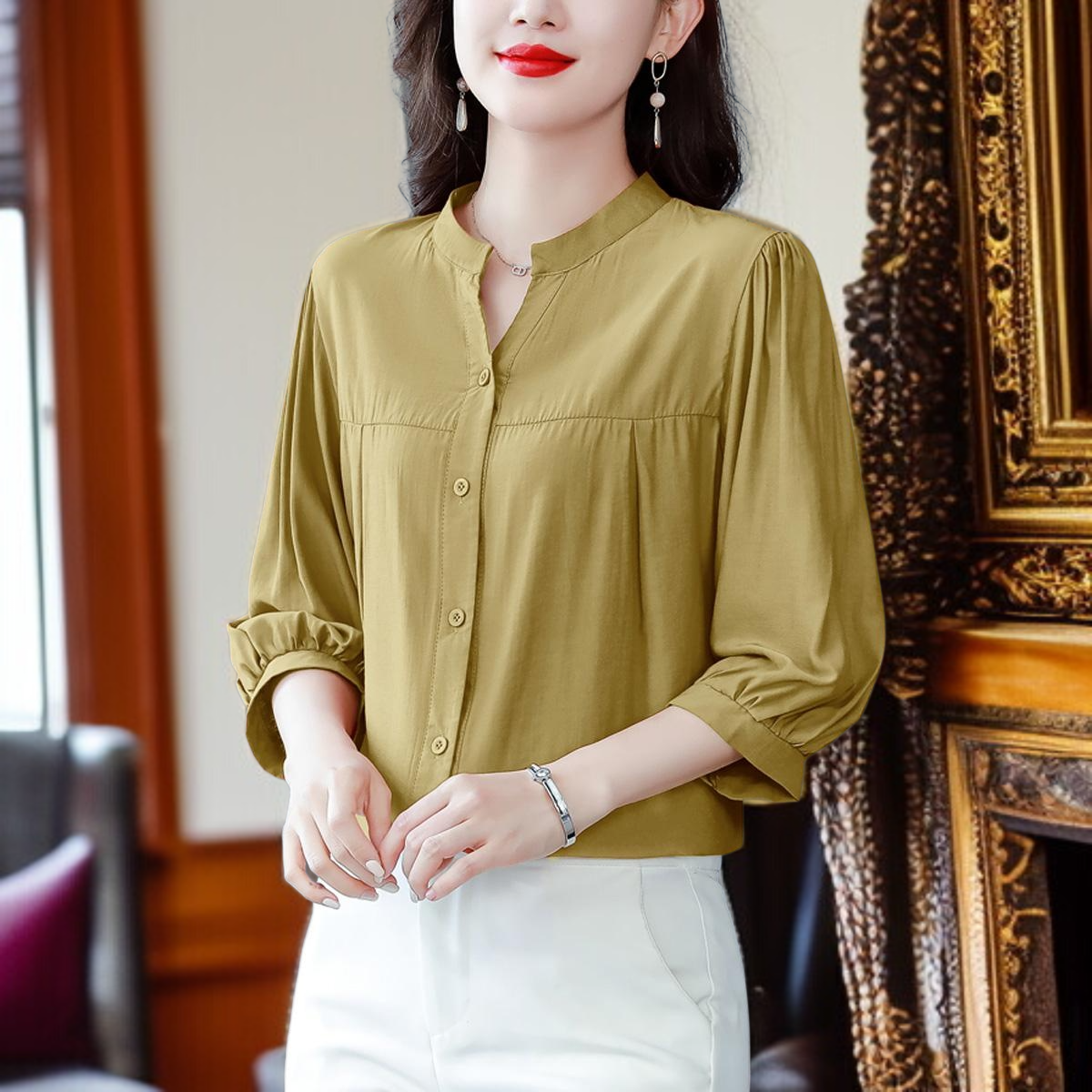 면 마 셔츠 여 린넨 상의 고급 반팔 칠부 소매 엄마 루즈핏 배 가리개 블라우스 고급스러움