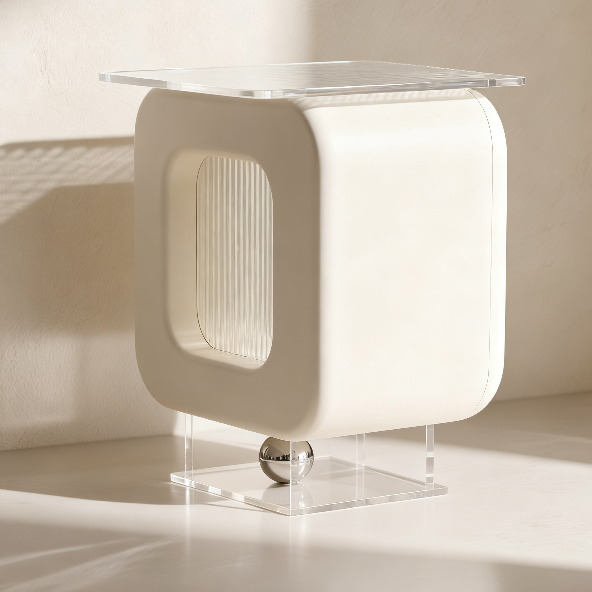 침대 옆에 배치된 아크릴 구형 테이블