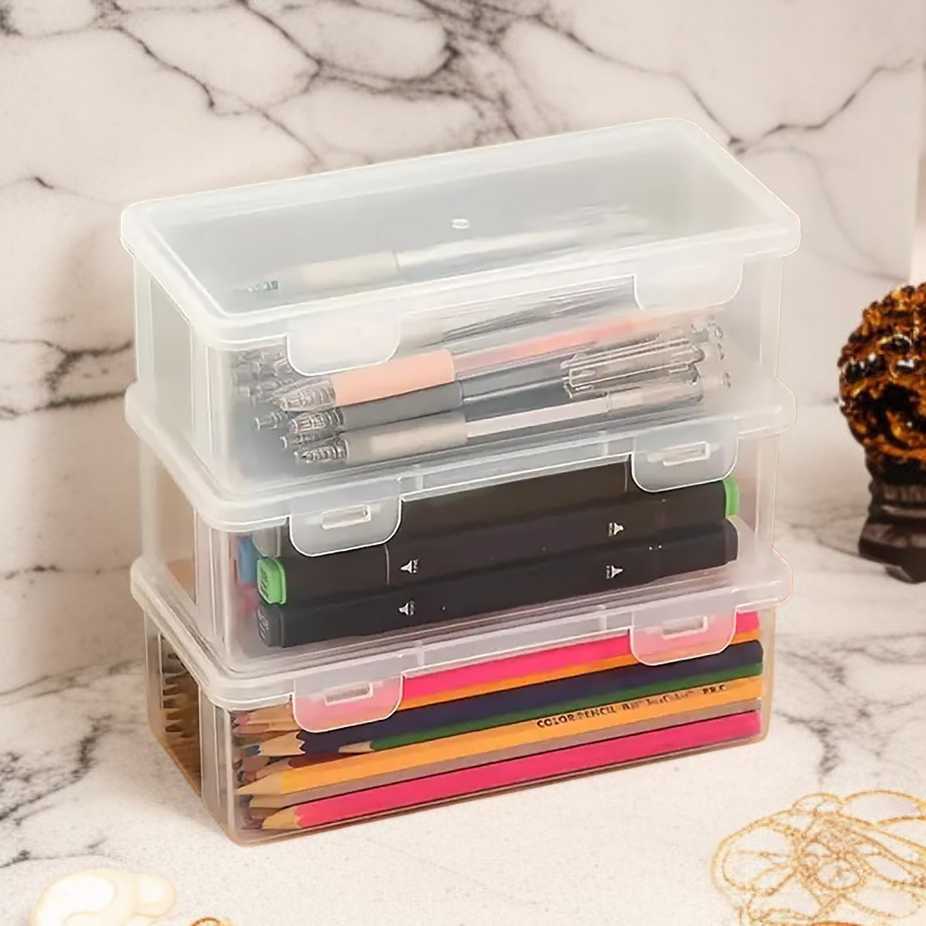 Modern desktop storage box with visible contents