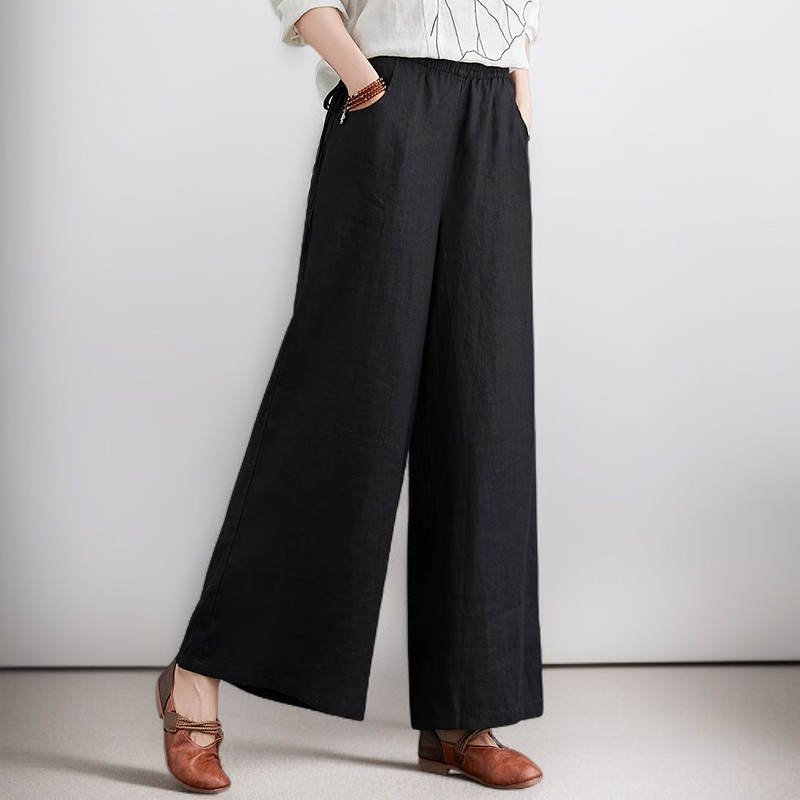 女性用ハイウエスト、ドレープ入りコットンリネンパンツ