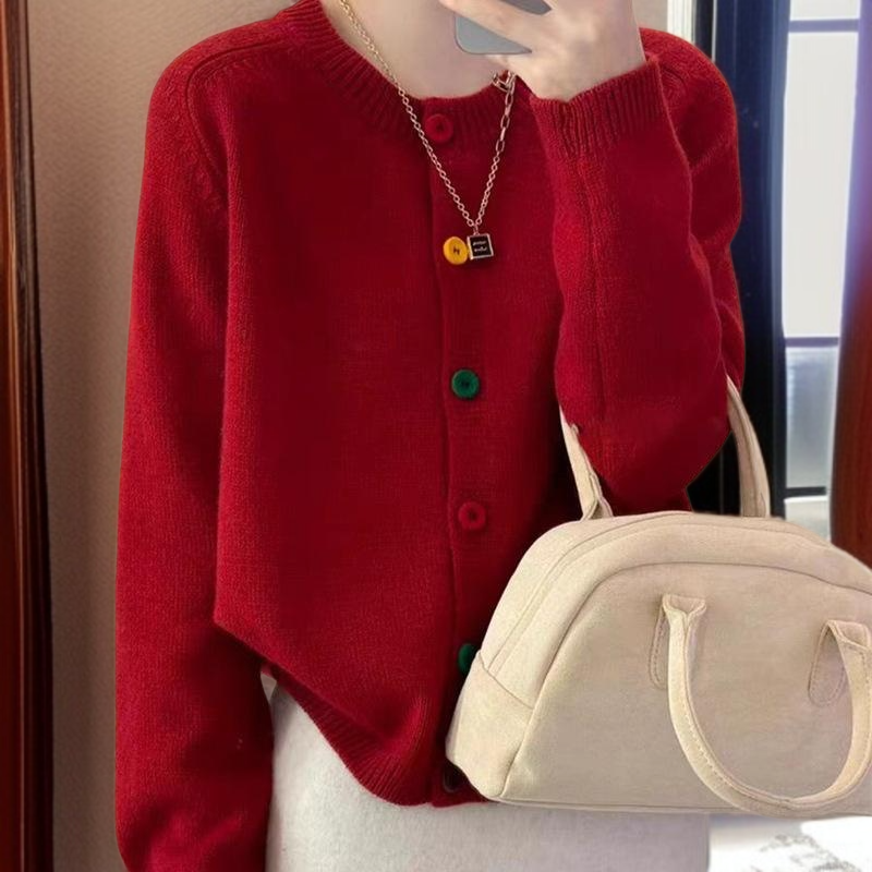 연령감소 쇼트 니트 카디건 코트 루즈 라운드 니트 카디건 단추 니트 카디건녀