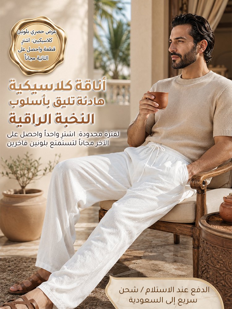 [اشترِ 1 واحصل على 1 مجانًا] بنطال كتان رجالي كاجوال بقصة مستقيمة وملمس بارد