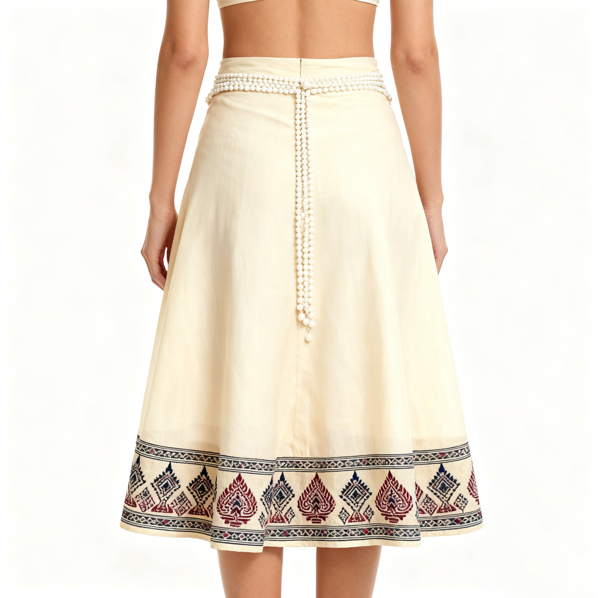 กระโปรงแฟชั่นเอวสูงประดับไข่มุกพร้อมสายเข็มขัด