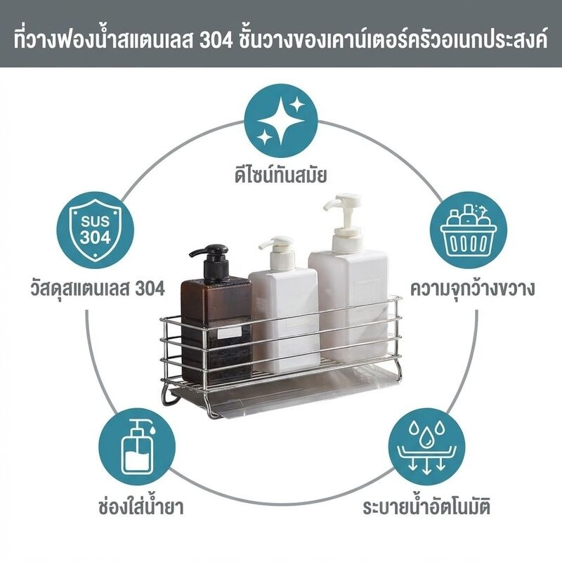 ที่วางฟองน้ำสแตนเลสทั้งตัวแบบกว้าง Nature Living + เครื่องจ่ายน้ำยาล้างจาน