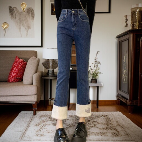 청바지 여키 하이웨스트 스트레이트 파이프 팬츠 램스울라이크 슬림핏 스모크 팬츠