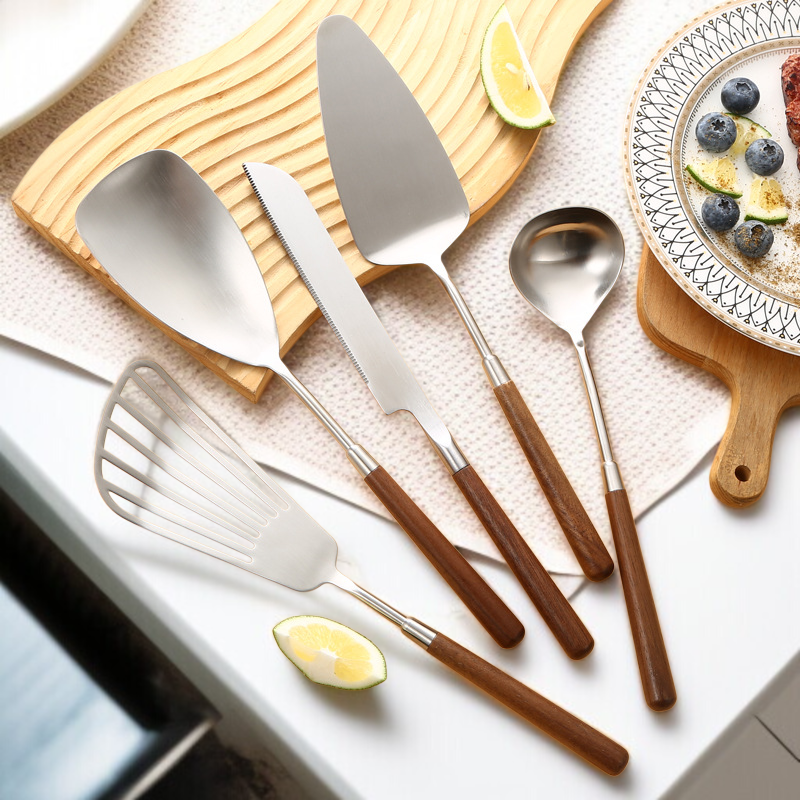 家庭用ヘラ ウォールナット・キッチン雑貨 クッキングステンレスヘラ ケーキ・スープ・スプーン・ナイフ・ヘラ ナイフ ヘラセット 鍋用食器